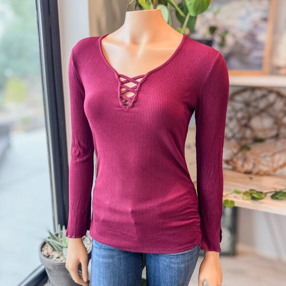 Democracy, Mulberry Ribbed Knit Criss Cross Neckline Long Sleeve Top, Medium - Picture 3 of 8